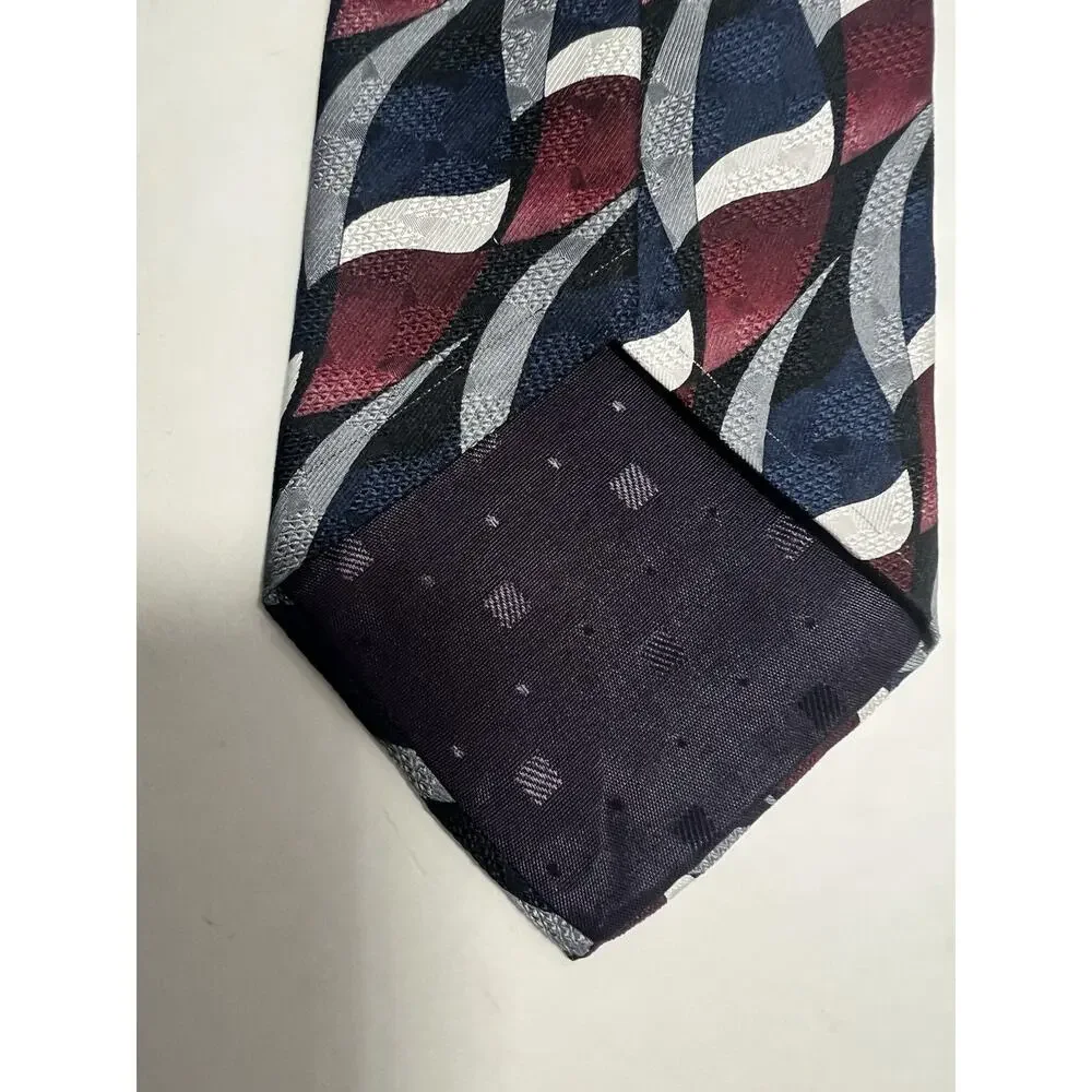 Oscar de la Renta Mens Silk Tie Navy Burgundy Silver White Abstract Wave Pattern